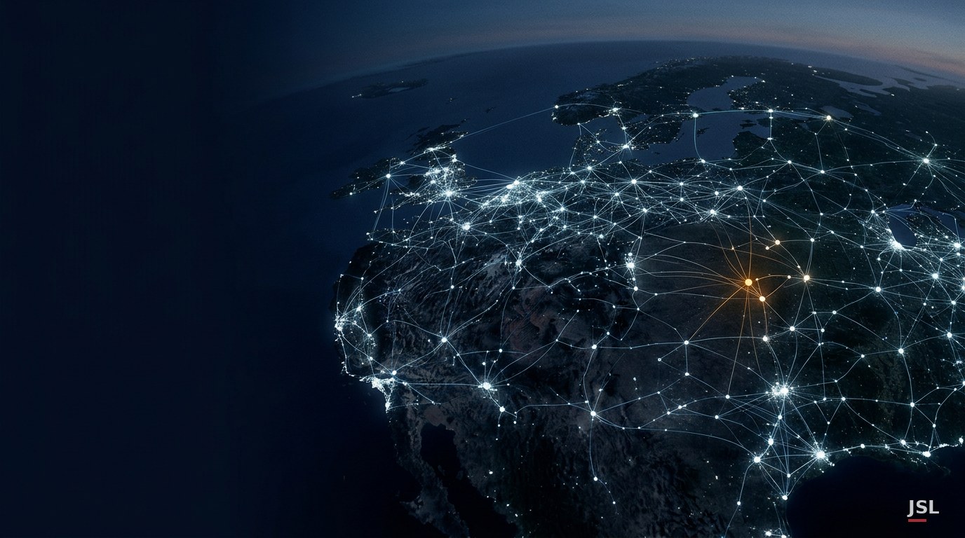 Illuminated network of chapters across the continent, abstract editorial illustration