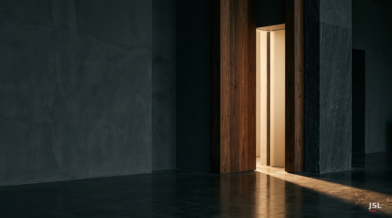 Light passing through a quiet architectural threshold, abstract editorial illustration