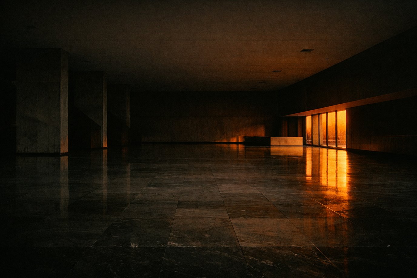 Light falling across an empty marble hall at dusk, an abstract editorial image about stewardship and possibility