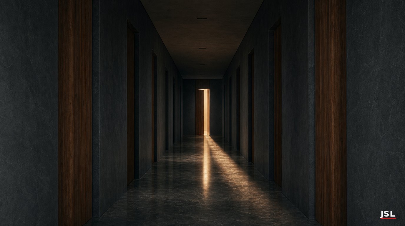 A long architectural corridor of closed doorways with one distant door open and lit from within, abstract editorial illustration about choice, refusal, and direction